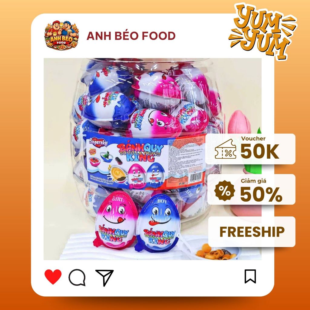 [Hũ 60 Cái] Bánh Quy Socola Trứng King Sugarsky - Kẹo Trứng Socola Kèm Đồ Chơi Bất Ngờ Cho Bé Đồ ăn 