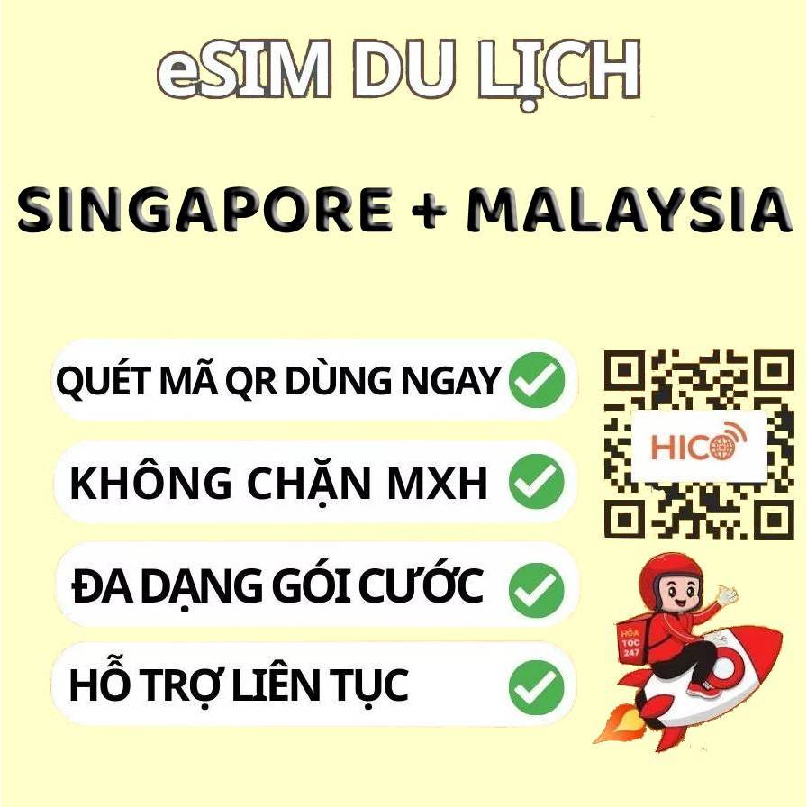 [Gửi Mã Hỏa Tốc] eSIM Du Lịch Singapore + Malaysia, eSIM HICO - Data Tốc Độ Cao - Quét QR Dùng Ngay
