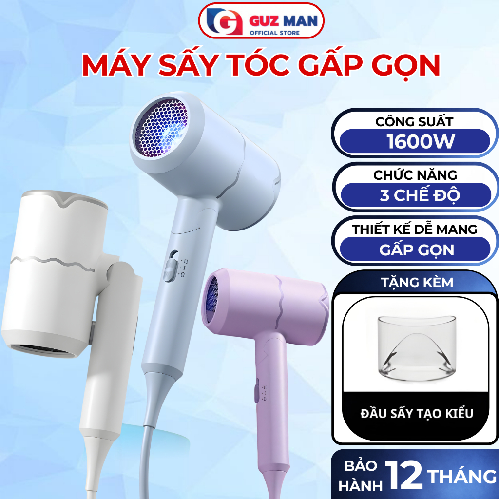Máy Sấy Tóc Gấp Gọn 2 Chiều Nóng Lạnh, 3 Chế Độ Nhiệt, Công Suất 1600W Cho Du Lịch, Gia Đình