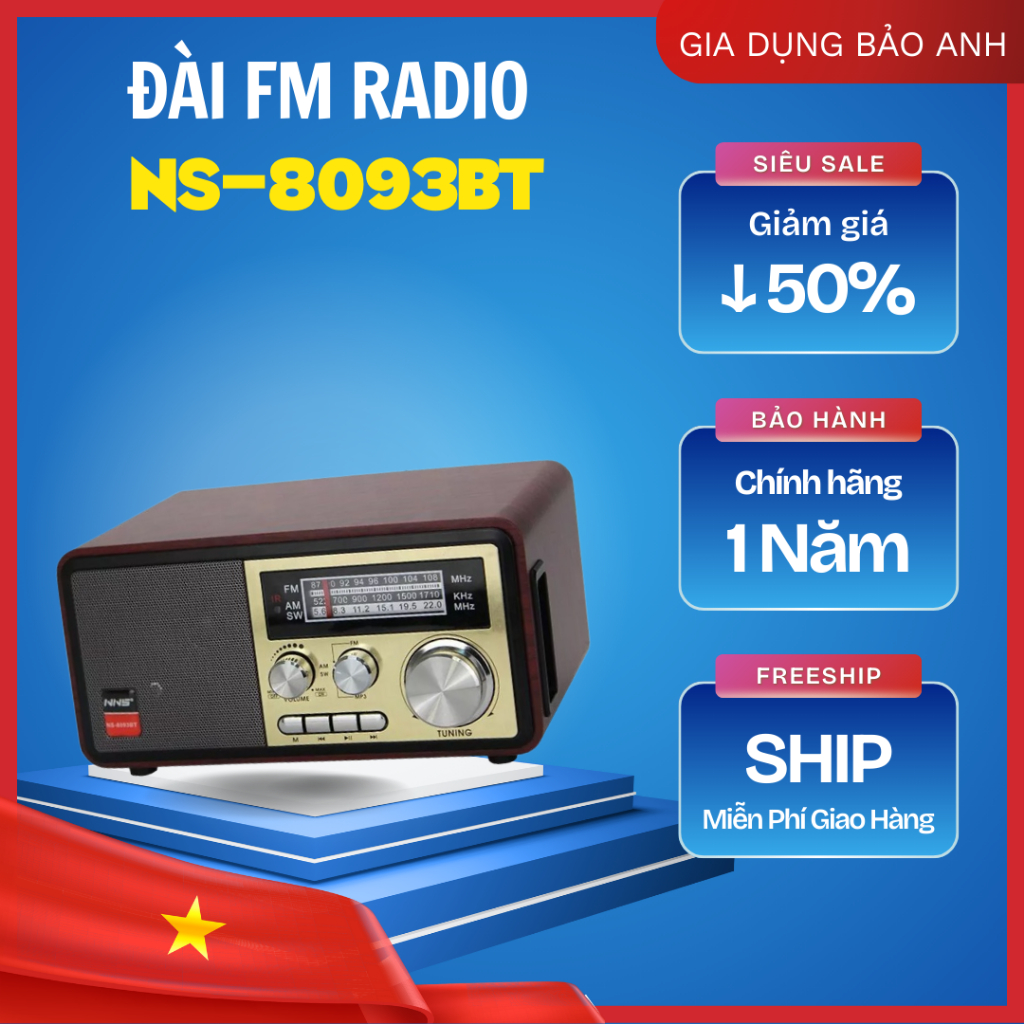 Đài FM Radio NS-8093BT, Bluetooth Bắt Sóng FM, AM,SW /USB/TF- Hàng Chính Hãng