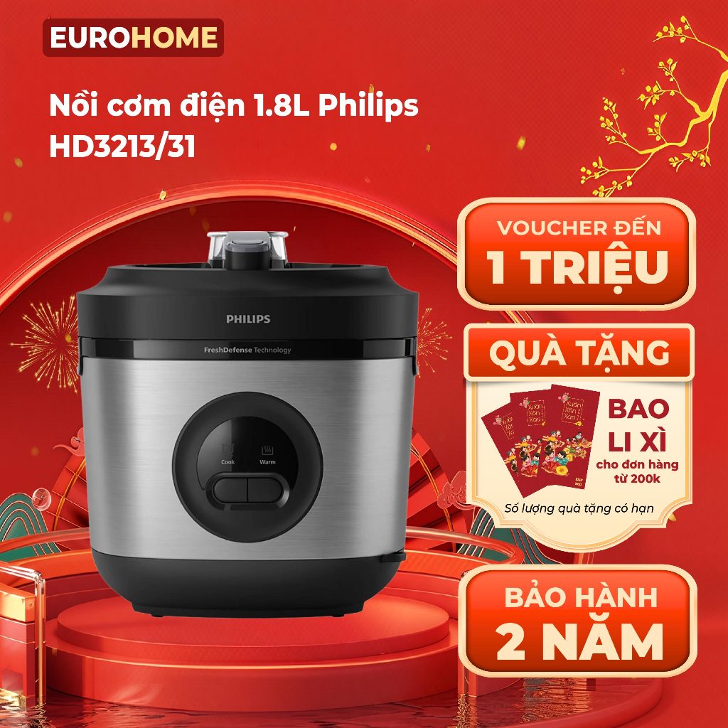 Nồi Cơm Điện Philips HD3213/31 1.8 lít | 5 lớp| nhiệt 3D - Hàng Chính Hãng