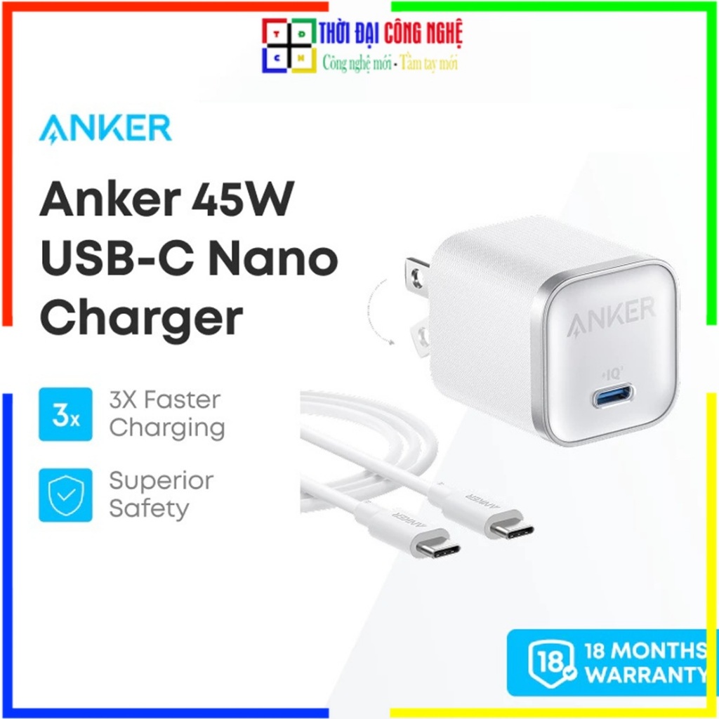 Bộ Sạc Nhanh Anker Nano B2692 45W kèm Cáp C to C 100W 1.8M, PPS 5A, Sạc Laptop/Điện Thoại, Siêu Nhỏ 
