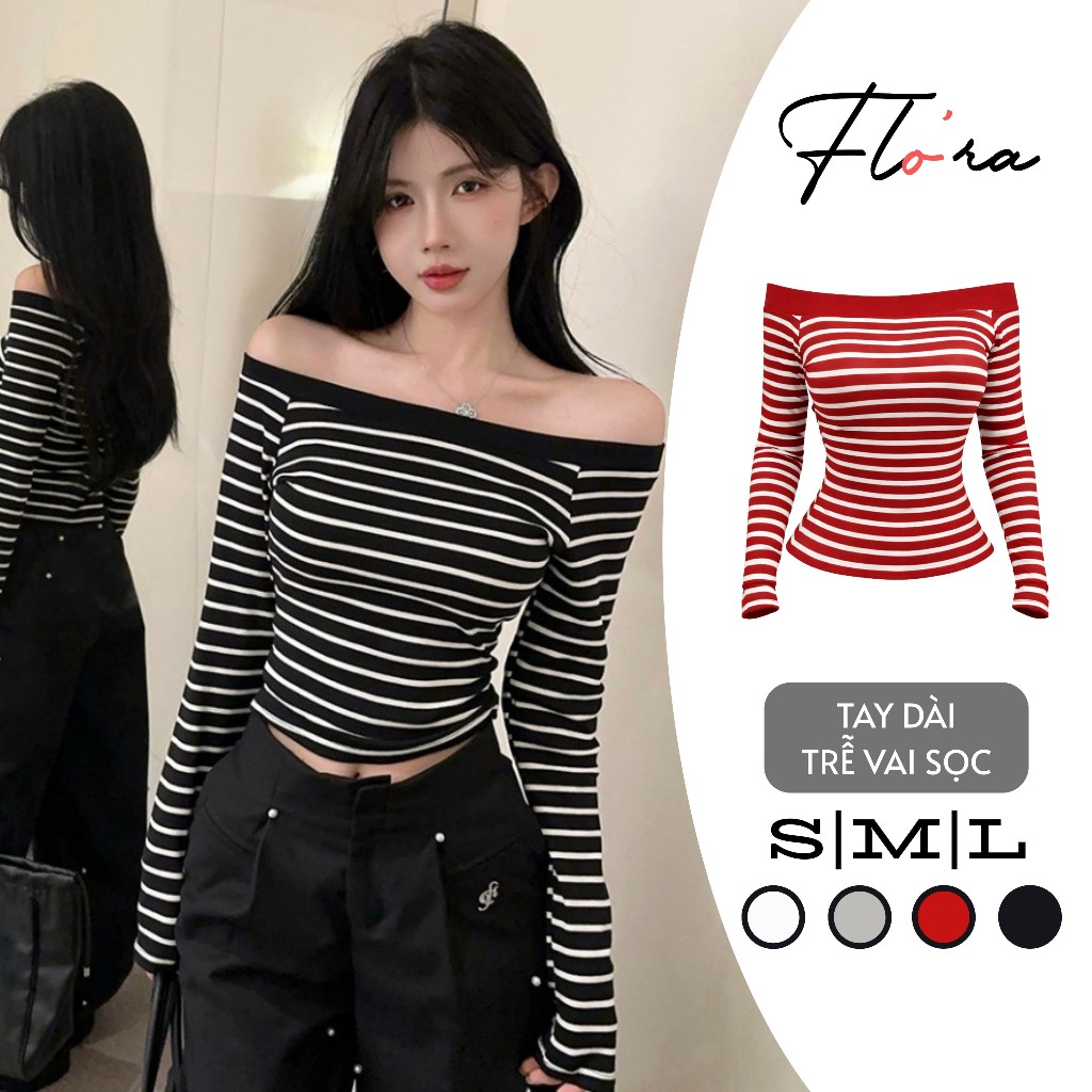 [XẢ HÀNG] Áo Thun TAY DÀI TRỄ VAI SỌC Ôm Body Thun Cotton BM115, Áo Thun Nữ Bệt Vai Co Giãn 4 Chiều 