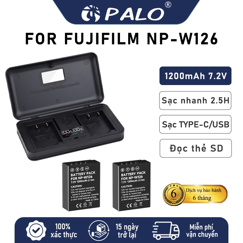 PALO Pin Fujifilm NP-W126/W126S Bộ 2 Pin + Sạc Đôi W126 1200mAh cho x100v/XT30/XA7/XT200/X-A5