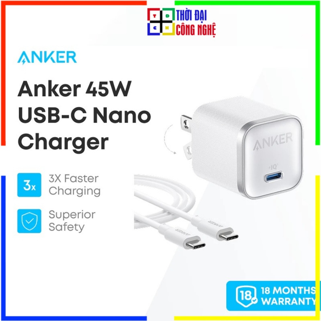 Bộ Sạc Nhanh Anker Nano B2692 45W Kèm Cáp C to C 1.8M 100W, PPS 5A Siêu Nhỏ Gọn - Bảo Hành 18 Tháng