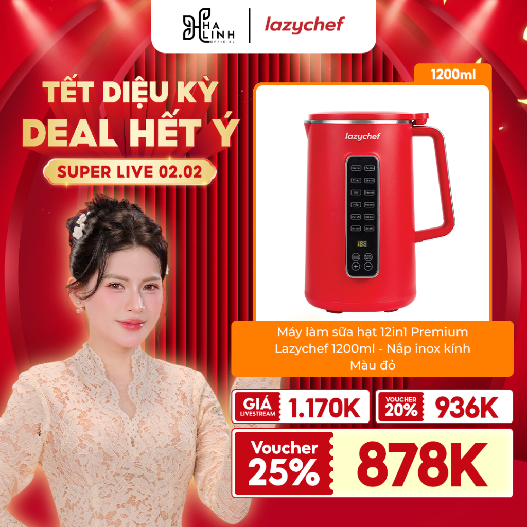 [VHL x Lazychef] Máy Làm Sữa Hạt 12in1 Lazychef Dòng Premium 1200ml, Nắp Inox Thủy Tinh - Màu Đỏ