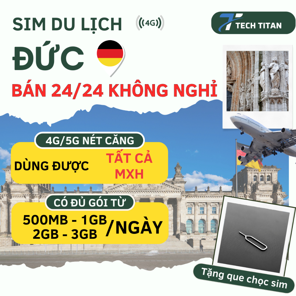 [4G/5G] Sim Du Lịch Đức - Germany, Mạng O2 nét căng, Sim Data/Ngày, thiết kế sim theo tour CÓ ESIM
