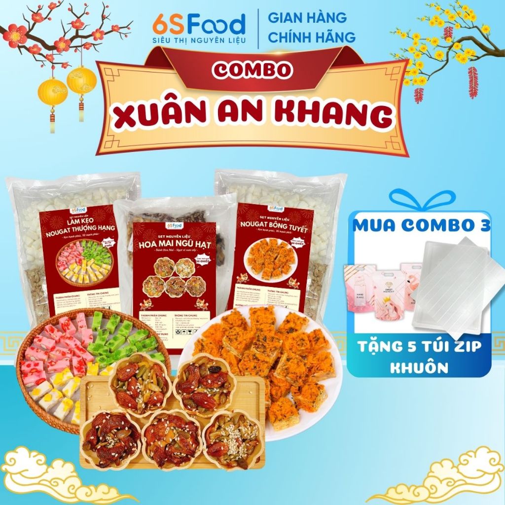 Combo 3 Set XUÂN AN KHANG làm Kẹo Nougat Thượng Hạng, Nougat Bông Tuyết và Hoa Mai Ngũ Hạt - 6SFOOD
