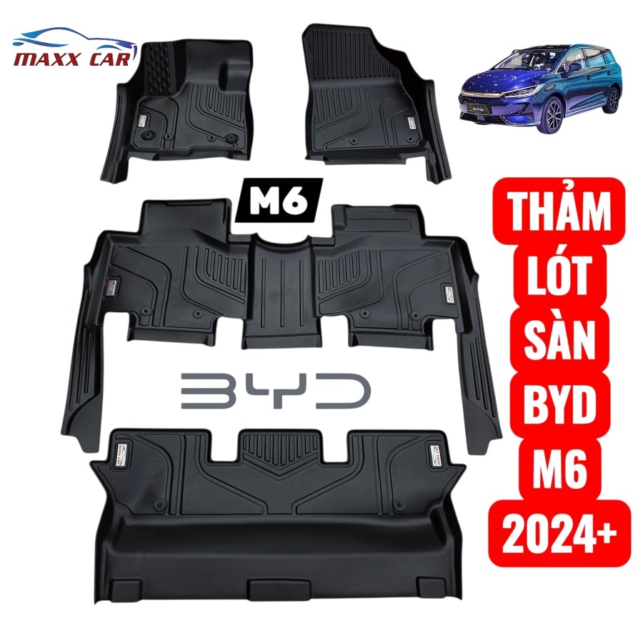 BYD M6: Thảm sàn MAXXCAR nhựa TPE NGUYÊN SINH đúc 5D tràn viền cho xe điện BYD M6 2024, 2025+.