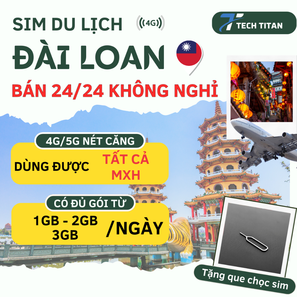 [4G/5G] Sim Du Lịch ĐÀI LOAN Taiwan, Mạng Chunghwa nét căng Data/Ngày, 3g/4g không giới hạn, sim vật
