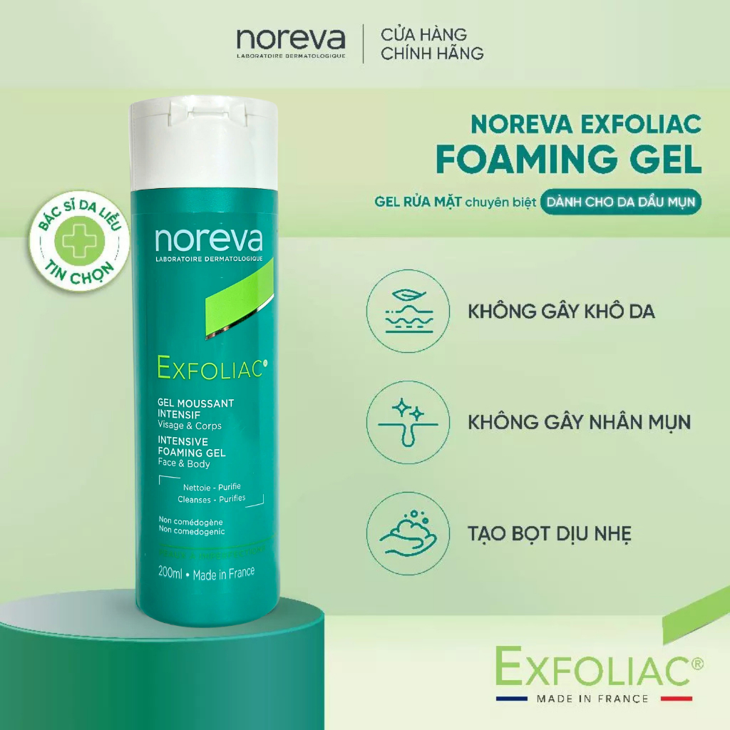 NOREVA sữa rửa mặt cho da dầu mụn NOREVA EXFOLIAC INTENSIVE FOAMING GEL 200ML