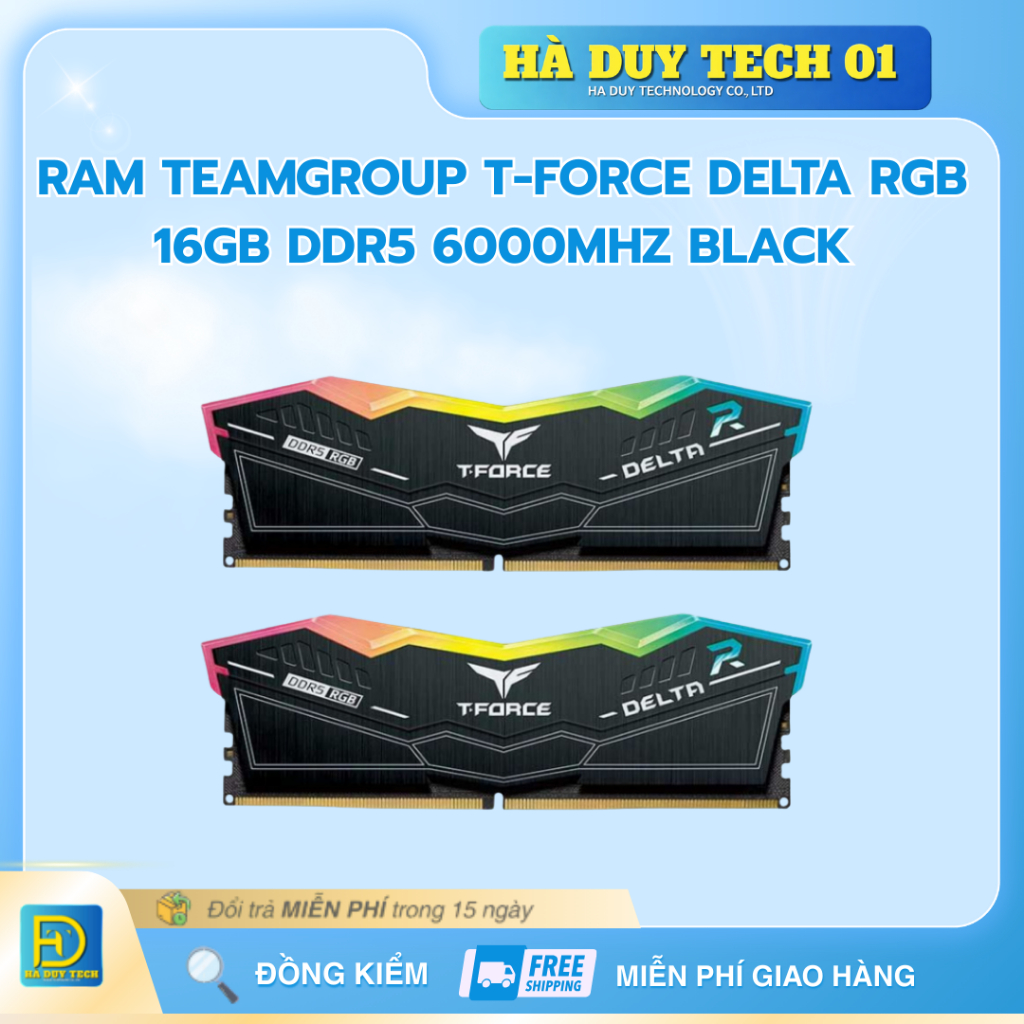 RAM TEAMGROUP T-FORCE DELTA RGB 16GB DDR5 6000MHZ BLACK - Cam Kết Chính Hãng - BH 36T - Ha Duy Tech