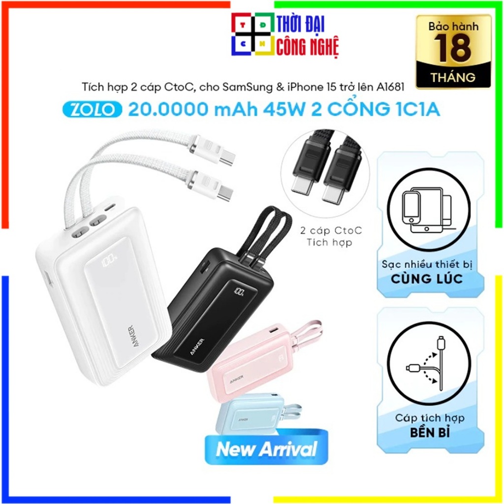 Pin Sạc Dự Phòng ANKER A1681C Zolo 20000mAh 45W | 2 Cổng 1C1A Kèm 2 Cáp Type-C | Sạc Nhanh Laptop | 