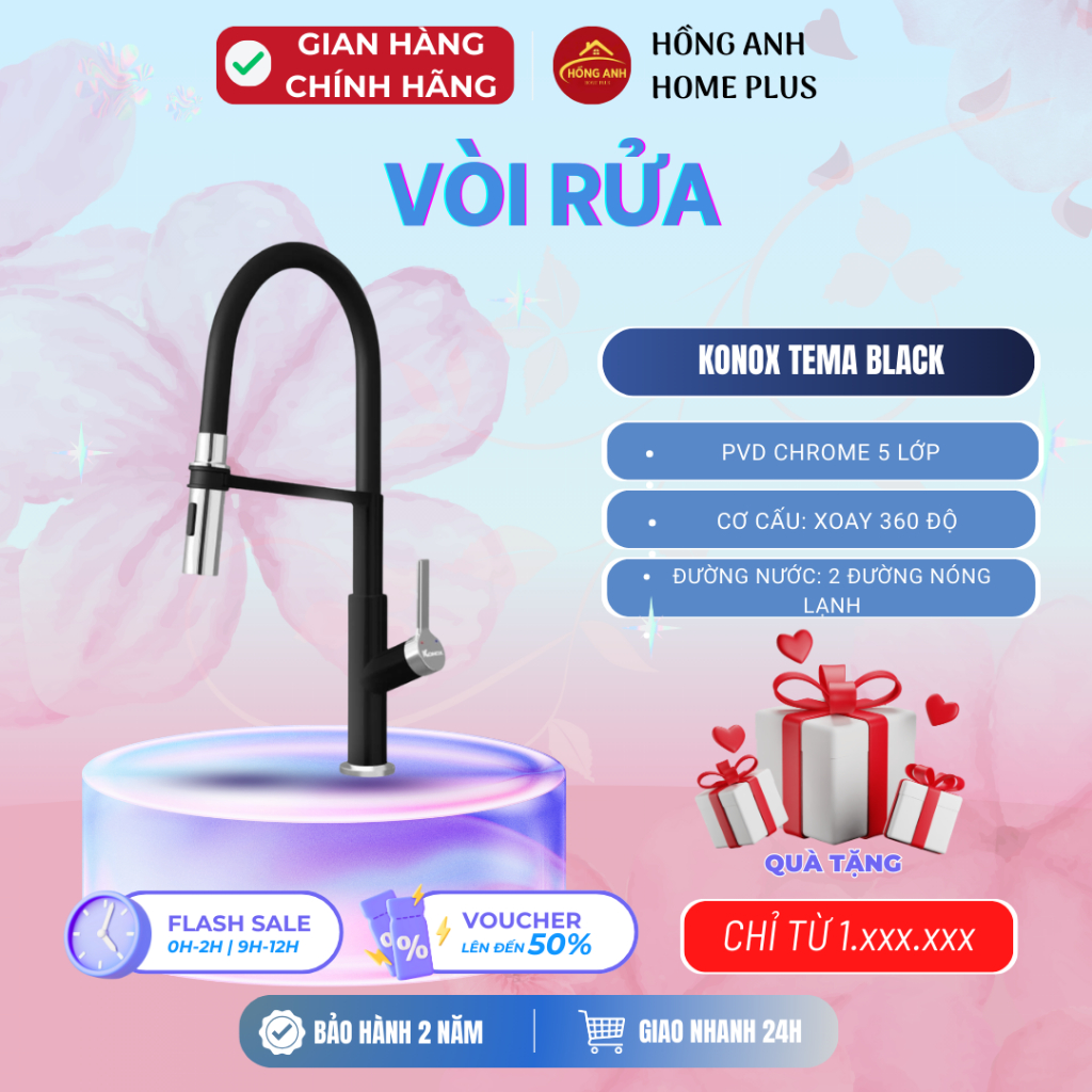 Vòi rửa bát Konox Tema Black, dáng bo tròn, đầu vòi cong, xoay 360 độ, 2 đường nóng lạnh