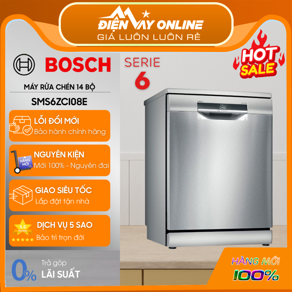 [CHÍNH HÃNG] Máy Rửa Bát Bosch Độc Lập SMS6ZCI08E - SERIE 6 - SẤY ZEOLITH