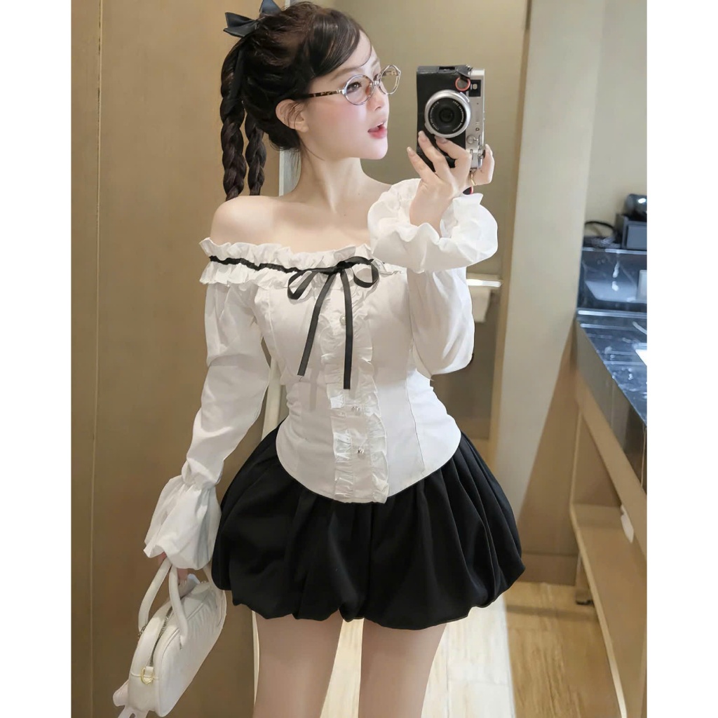 Set Áo Trễ Vai Phối Dây Nơ Dài Tay Phối Viền Bèo Nhún + Chân Váy Bí Phồng Có Quần Trong | BigBuy360 - bigbuy360.vn
