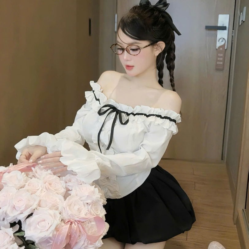 Set Áo Trễ Vai Phối Dây Nơ Dài Tay Phối Viền Bèo Nhún + Chân Váy Bí Phồng Có Quần Trong | BigBuy360 - bigbuy360.vn