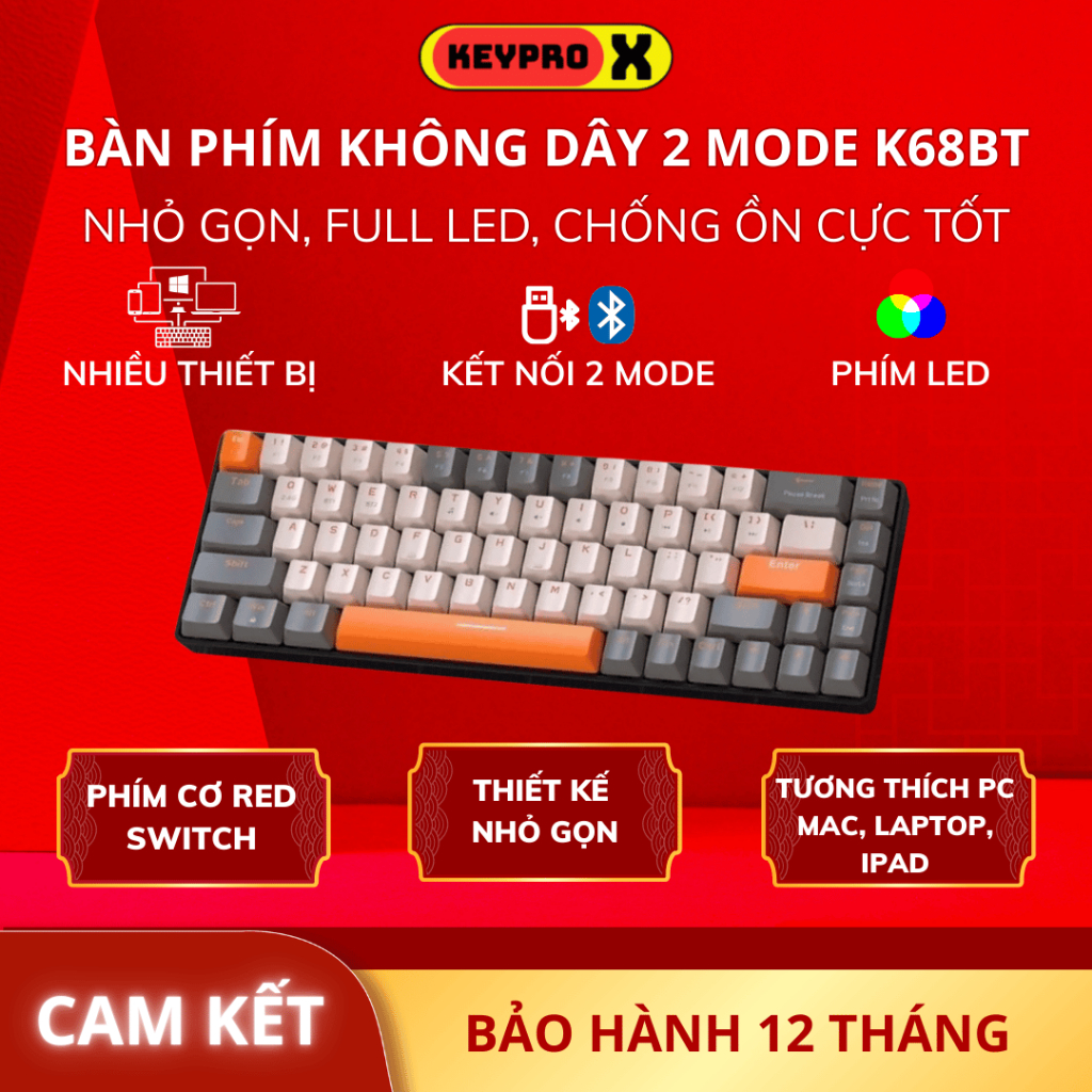 Bàn Phím Cơ Bluetooth Không Dây K68BT Trục Cơ Red Switch Gõ Cực Đã, Hotswap Dùng Máy Tính/ĐT/Tablet