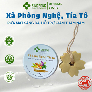 Xà bông rửa mặt SingSong Vegan - tinh dầu Nghệ, Tía Tô; Dầu Dừa Organic, Dầu Mù U, Olive - 50gr