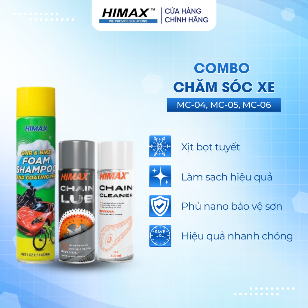 Combo chăm xe đón Tết HIMAX MC-04, MC-05 và MC-06- Sạch toàn diện, tẩy sạch dầu nhớt và vết bẩn.