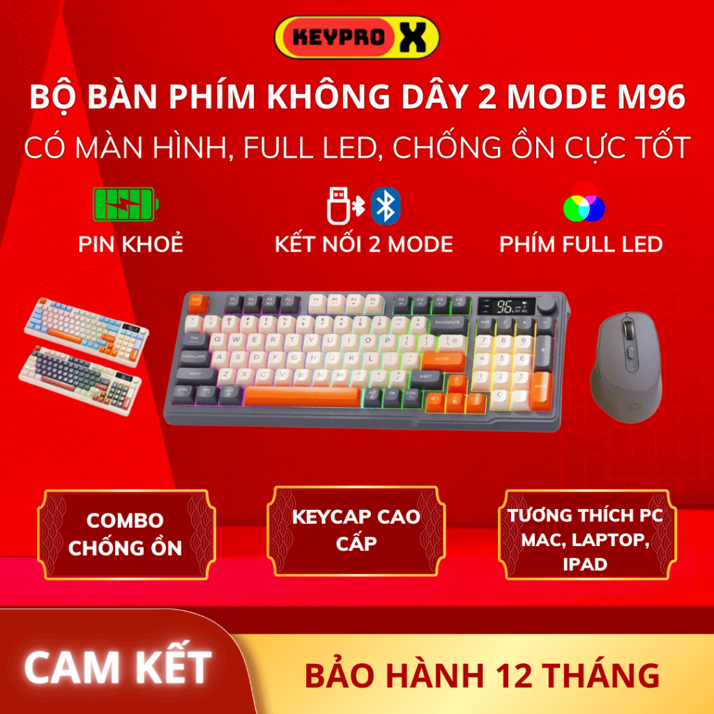 Bộ Bàn Phím Không Dây Bluetooth M96 LED 7 Màu Có Màn Hình, Phím PBT Cao Cấp, Gõ Êm Chống Ồn