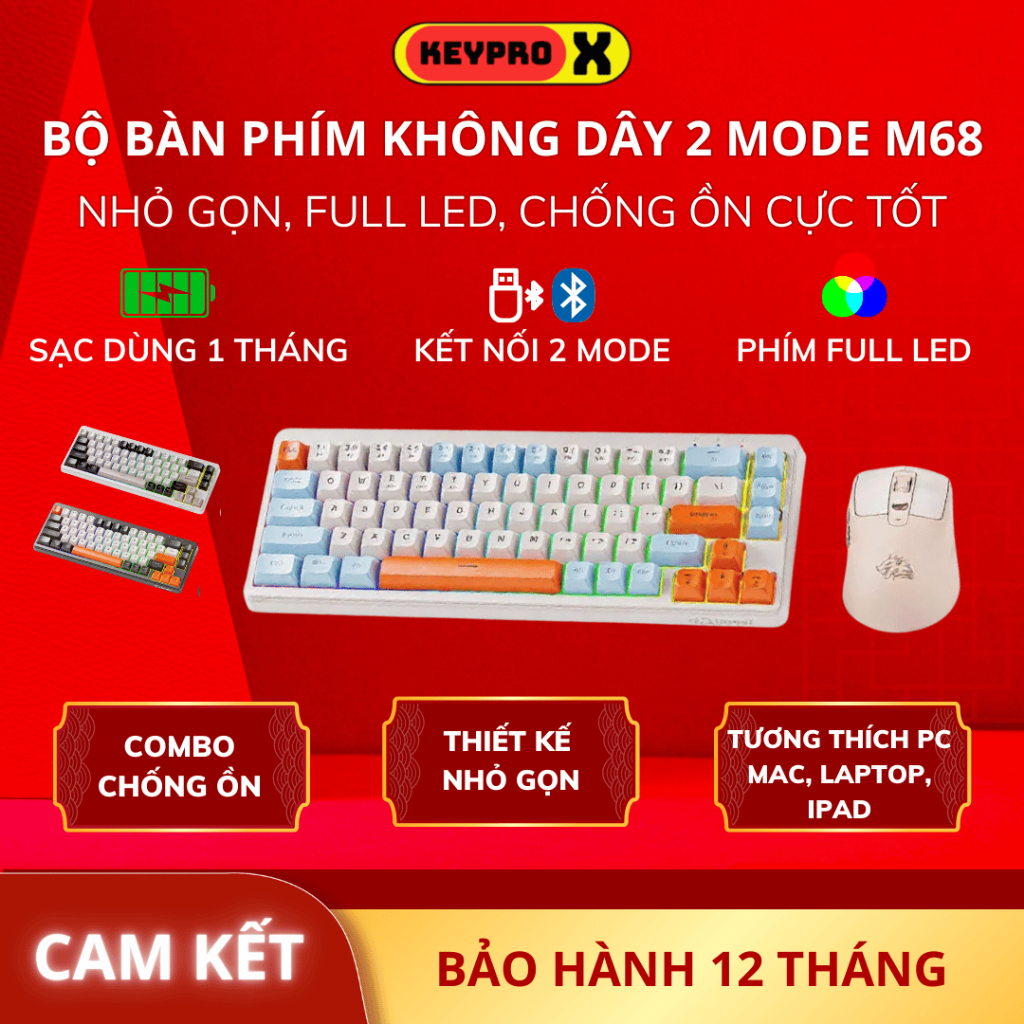 Bộ Bàn Phím Và Chuột Bluetooth FreeWolf M68 LED Pro Gõ Siêu Êm Pin Sạc Keycap PBT Cho Pc Lap
