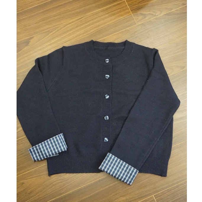 [ẢNH THẬT] Áo cardigan dáng ngắn YUMMY phối tay kẻ , Cardigan cổ tròn dệt kim xanh Navy AL46 | BigBuy360 - bigbuy360.vn