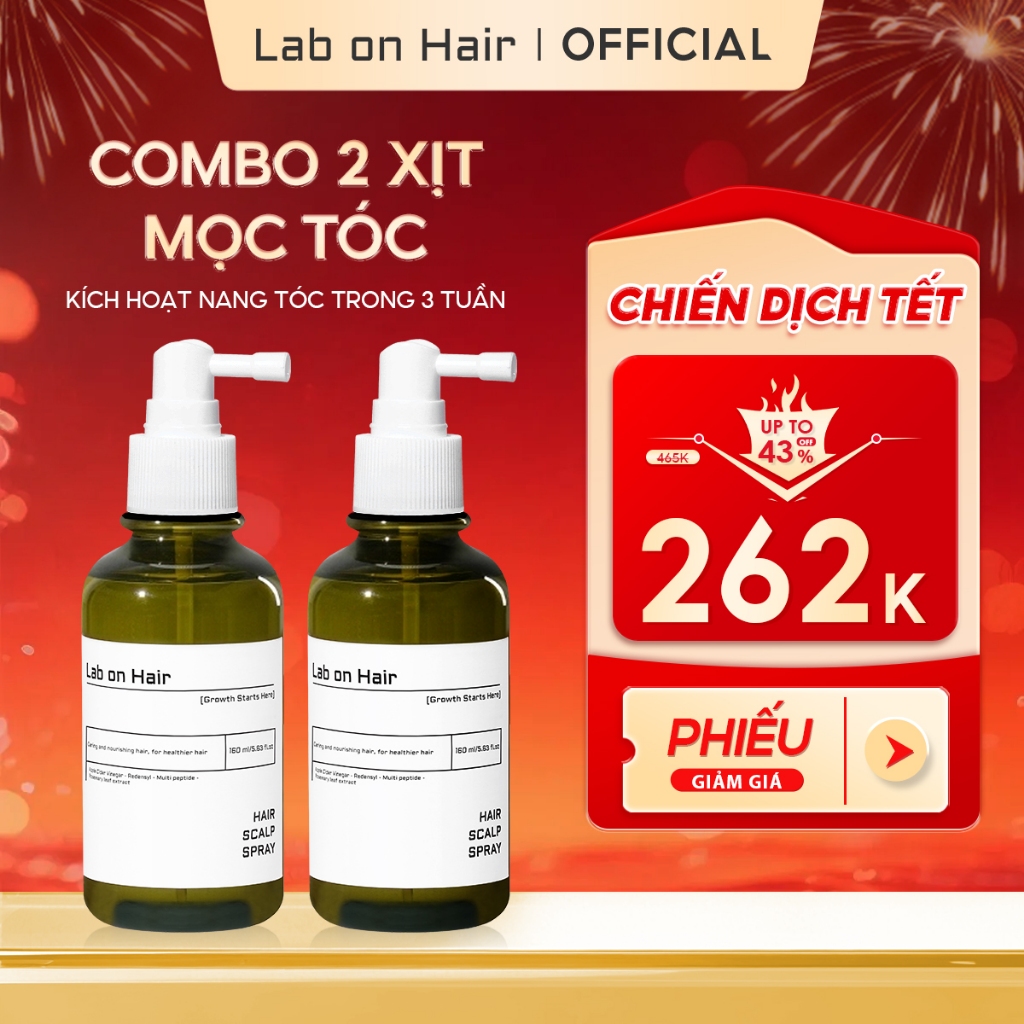 Combo 2 xịt mọc tóc Lab on Hair 160ml x2  với giấm táo Redensyl hỗ trợ dưỡng ẩm và cải thiện tình tr