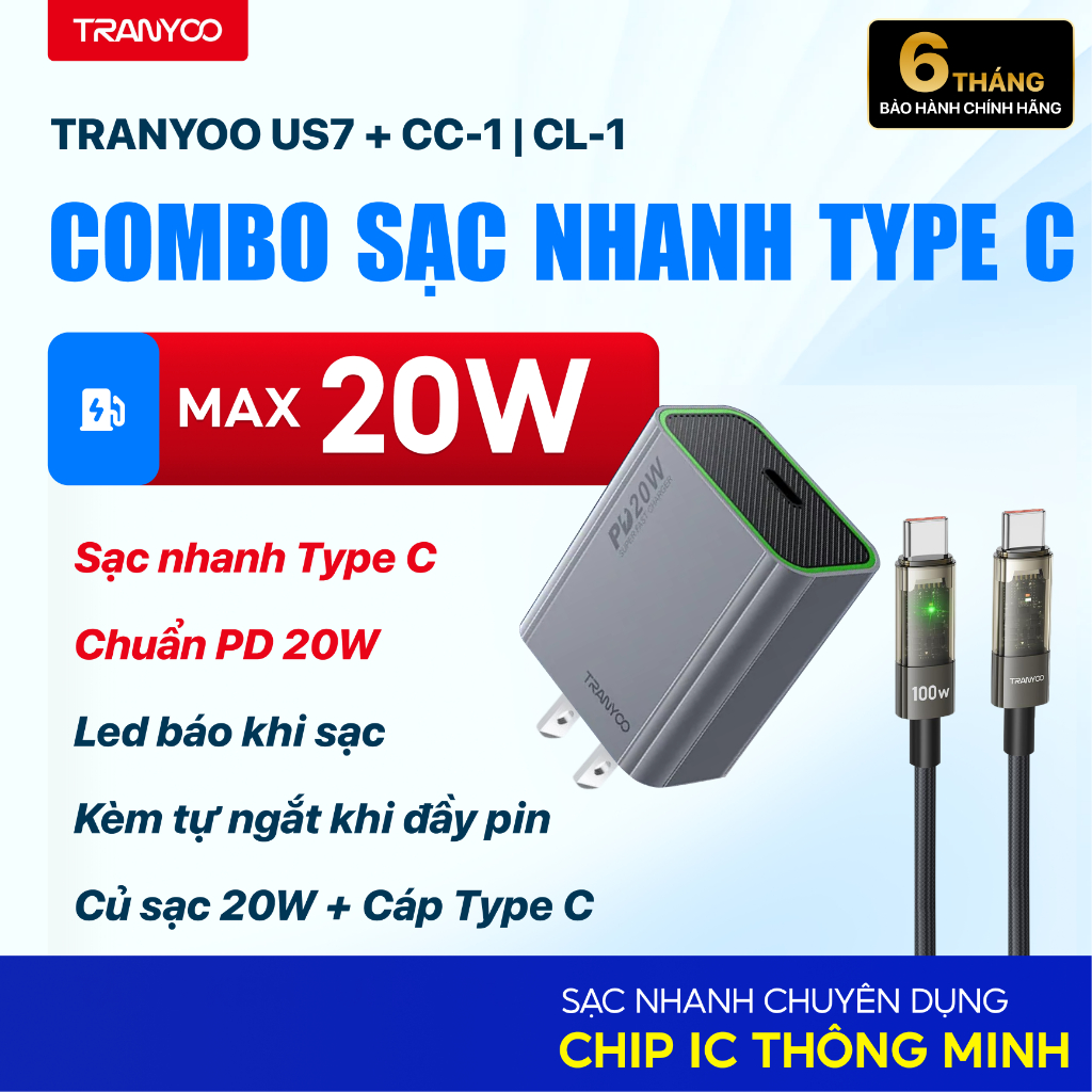 Combo Sạc Nhanh TRANYOO US7  CC-1 Cổng Type C Hỗ Trợ Sạc Nhanh PD 20W Sạc Nhanh Không Nóng