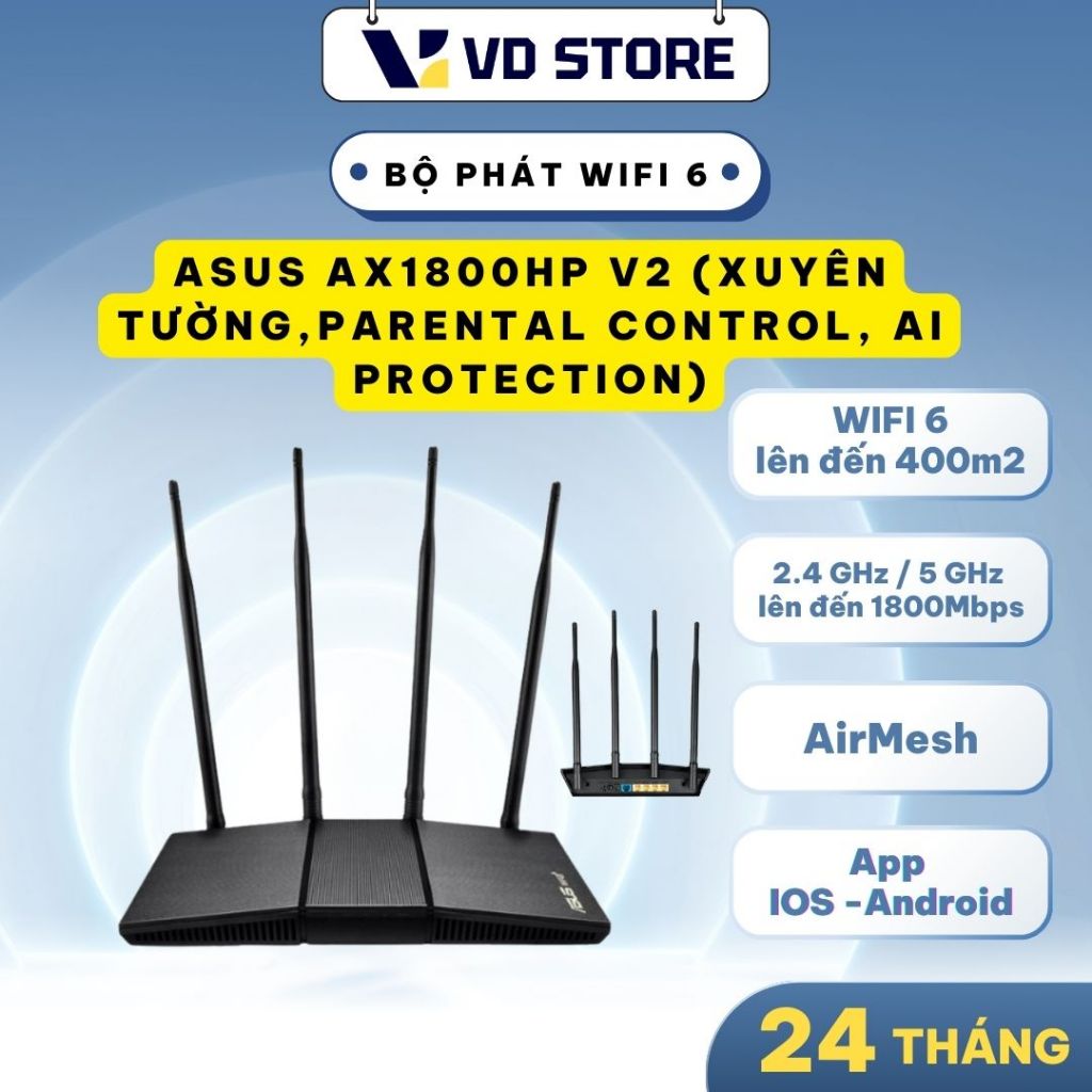 Bộ phát Wifi Chuẩn Wifi 6 Asus AX1800HP V2 ( Xuyên tường, Air Mesh 360 Wifi Mesh, Parental Control, 
