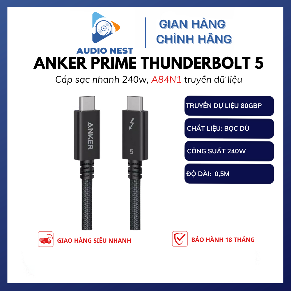 Cáp Sạc Nhanh Anker Prime 240w Thunderbolt 5 A84N1 Truyền Dự Liệu 80Gbps - Bảo Hành 18 Tháng.