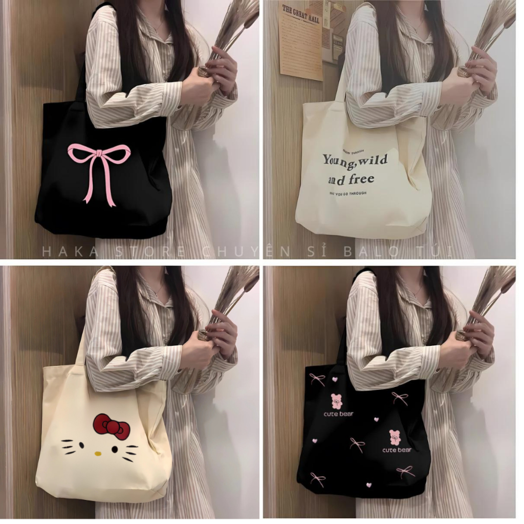 Túi tote túi vải canvas phong cách Hàn quốc, có khóa miệng ngăn phụ bên trong thời trang ulzzang-Hak