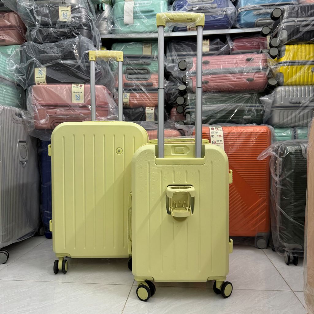 🔥Vali Kéo Góc Tròn Vàng Pastel Cao Cấp Size 20/24 – Khay Để Ly – Cổng Sạc - Móc Treo Đồ - CT03