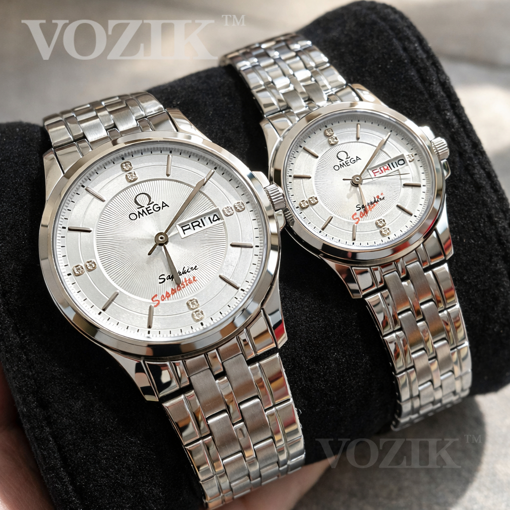 Đồng hồ cặp đôi OM 2 lịch máy pin chuẩn Nhật. Kính sapphire. Chống nước tốt-full trắng