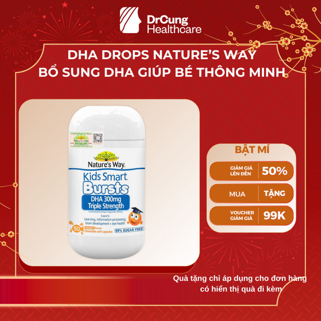 Viên Nhai Nature’s Way Kids Smart DHA 300mg - Bổ Sung DHA, Hỗ Trợ Não Bộ và Mắt (Chai 50 viên)