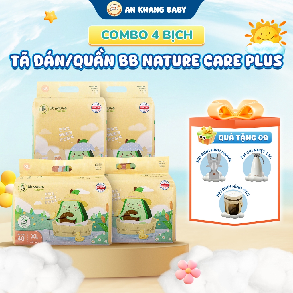 Combo 4 Bịch Tã Dán/Quần BB Nature Care Plus Sợi Tre Hữu Cơ, Co Giãn 360°,Size NB-4XL An Khang Baby
