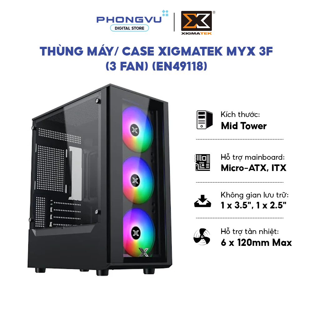 Vỏ Case Máy Tính Xigmatek MYX 3F (3 Fan) - EN49118 - Mid Tower - Kính Cường Lực - Bảo Hành 12 Tháng