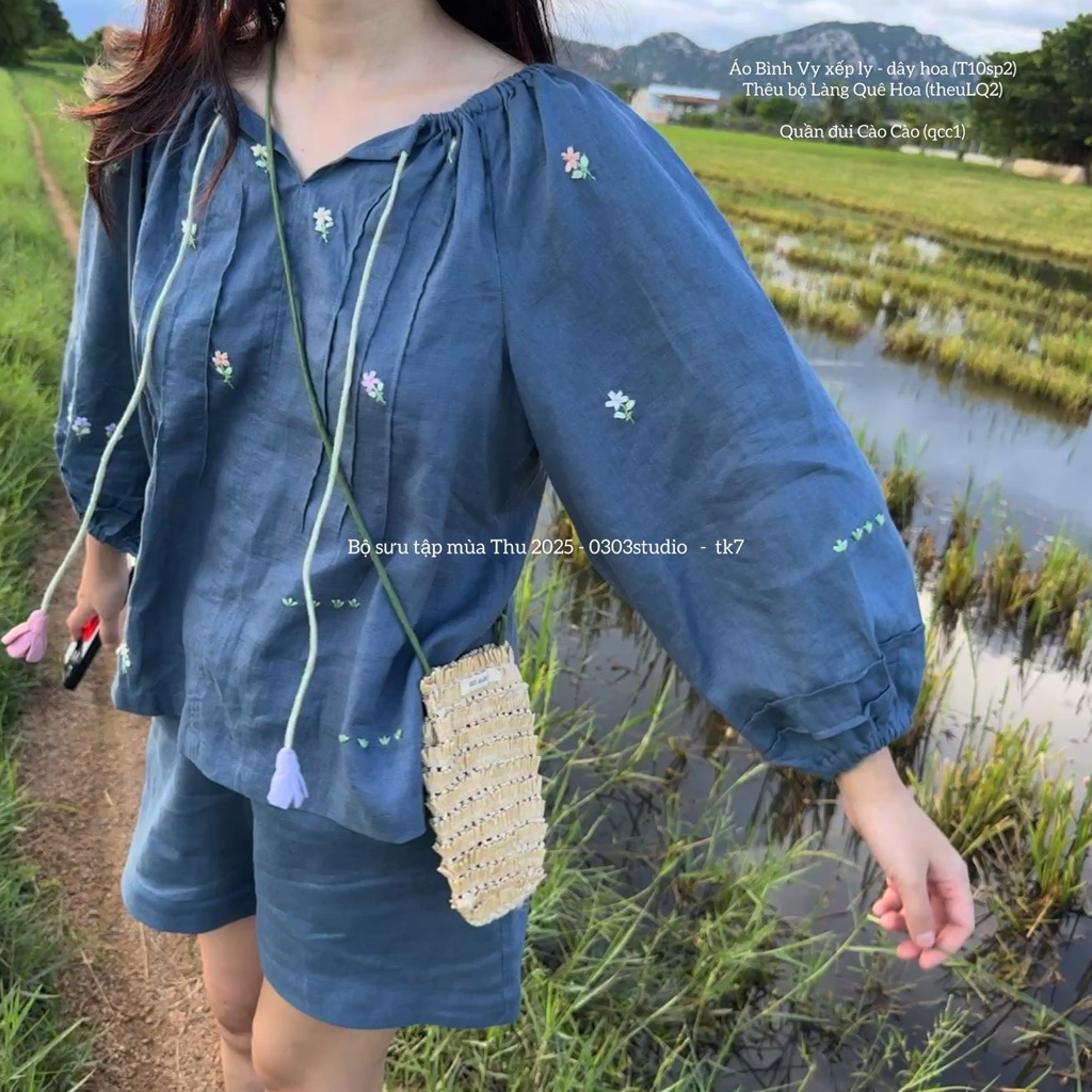 | 0303 studio | bộ áo dài tay quần đùi linen - dòng Bình Vy - dòng Cào Cào