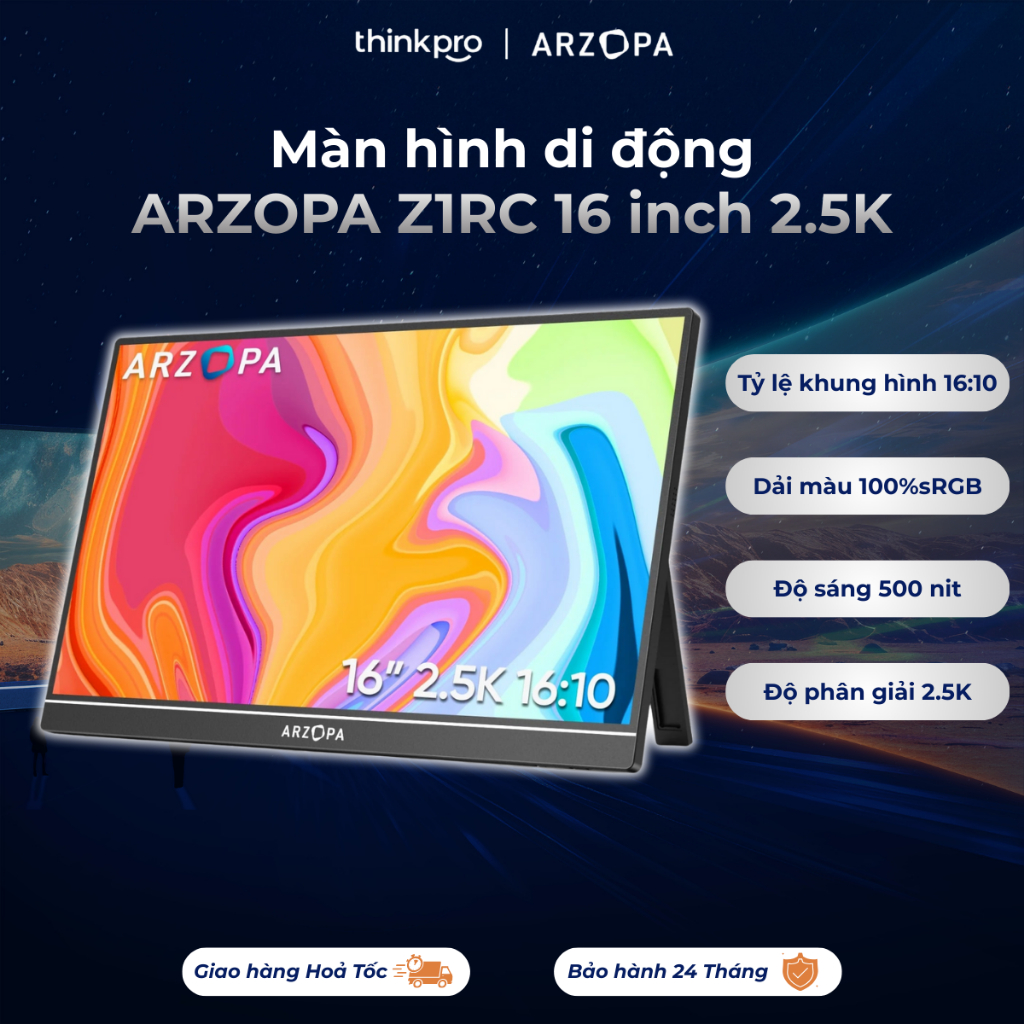 Màn hình xách tay di động ARZOPA Z1RC 16" 60Hz 2.5K IPS HDR 500nits 8bit QHD sử dụng cho PC, Laptop,