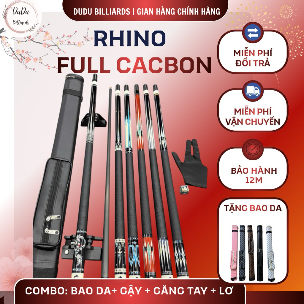 Combo Cơ bida Rhino full carbon đầu tẩy F1 clear. Rhino RC24 phiên bản mới