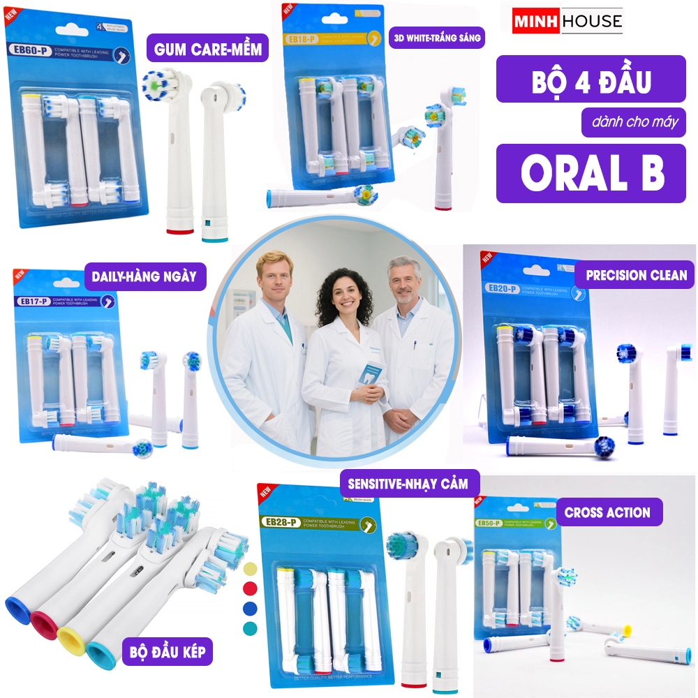 Cho máy Oral B Braun Bộ 4 đầu bàn chải đánh răng điện và Giá treo, Hộp đựng Đủ mã dòng P Minh House