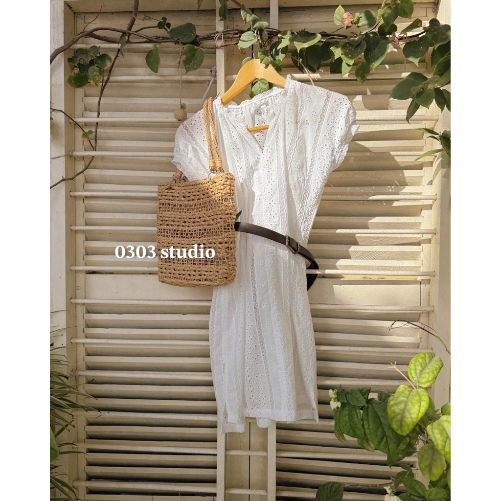 |0303studio| đầm thô thêu tay bồng - dòng Mây