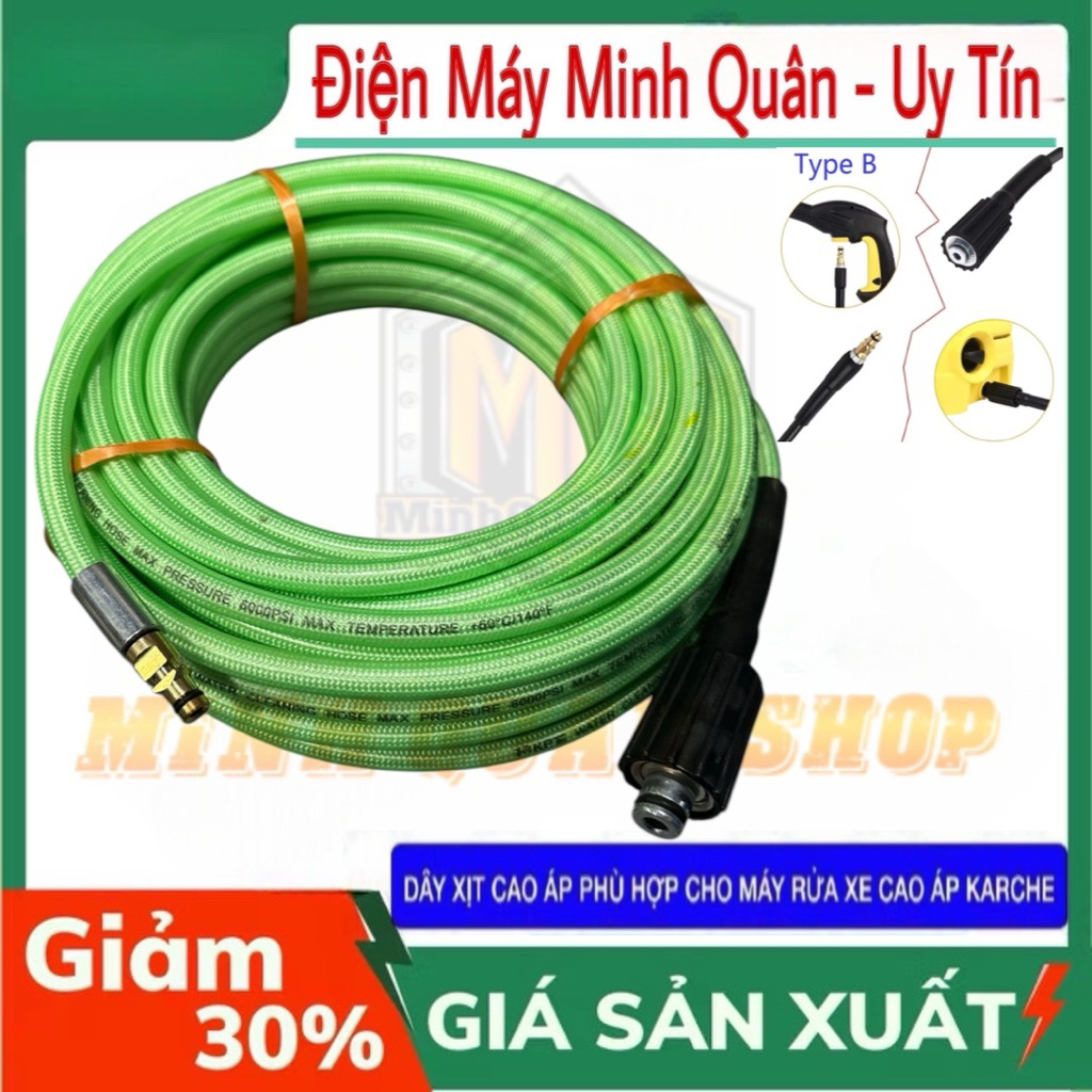 20m, 15m, 10m Dây Rửa Xe Karcher (Type B) K1,K2 -đời đâu,360, K3-450 HÀng OEM- Dây Xanh 6 Lớp Cao Cấ