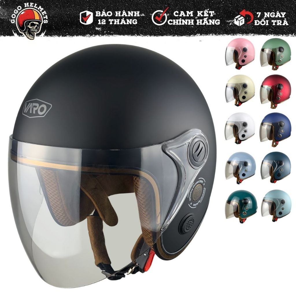 Mũ Bảo Hiểm 3/4 Có Kính VARO A317 Viền Đồng Thông Gió – Nón 3/4 Chính Hãng – Kính Chống UV –Freesize