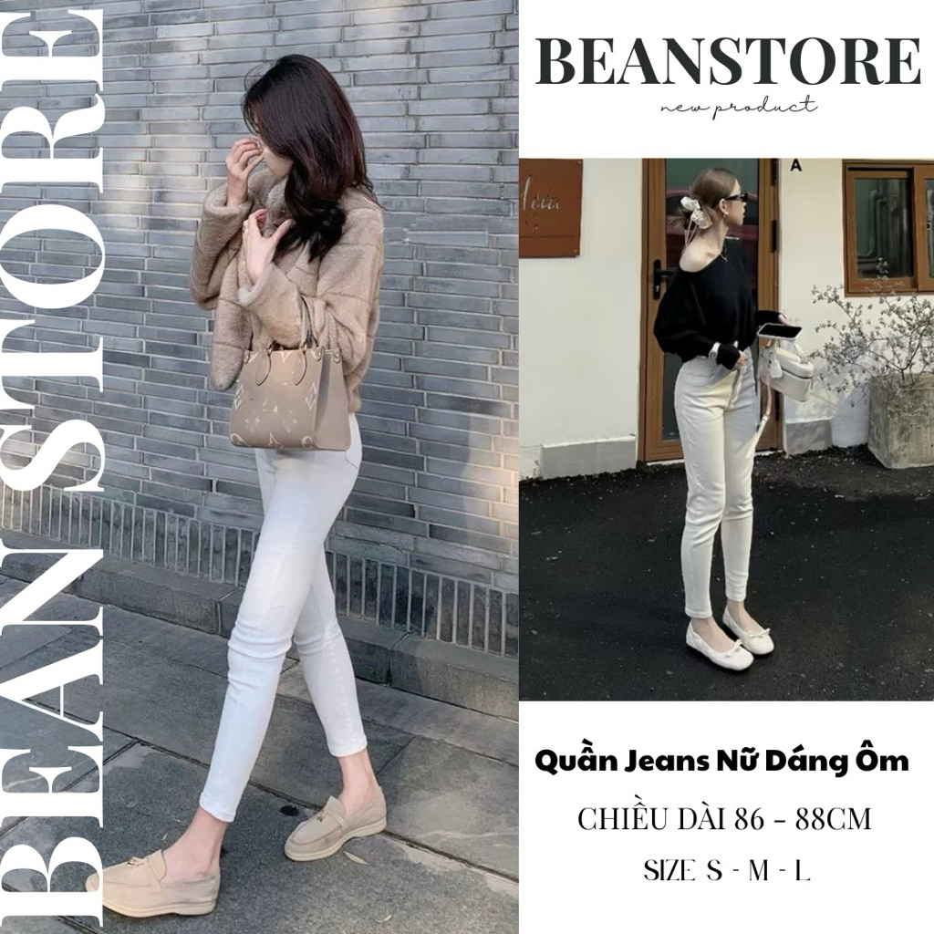 Quần Jeans Nữ dáng Ôm Lưng Thấp màu Trắng Basic Quần Jeans Nữ chất liệu Denim Co Giãn Cao Cấp