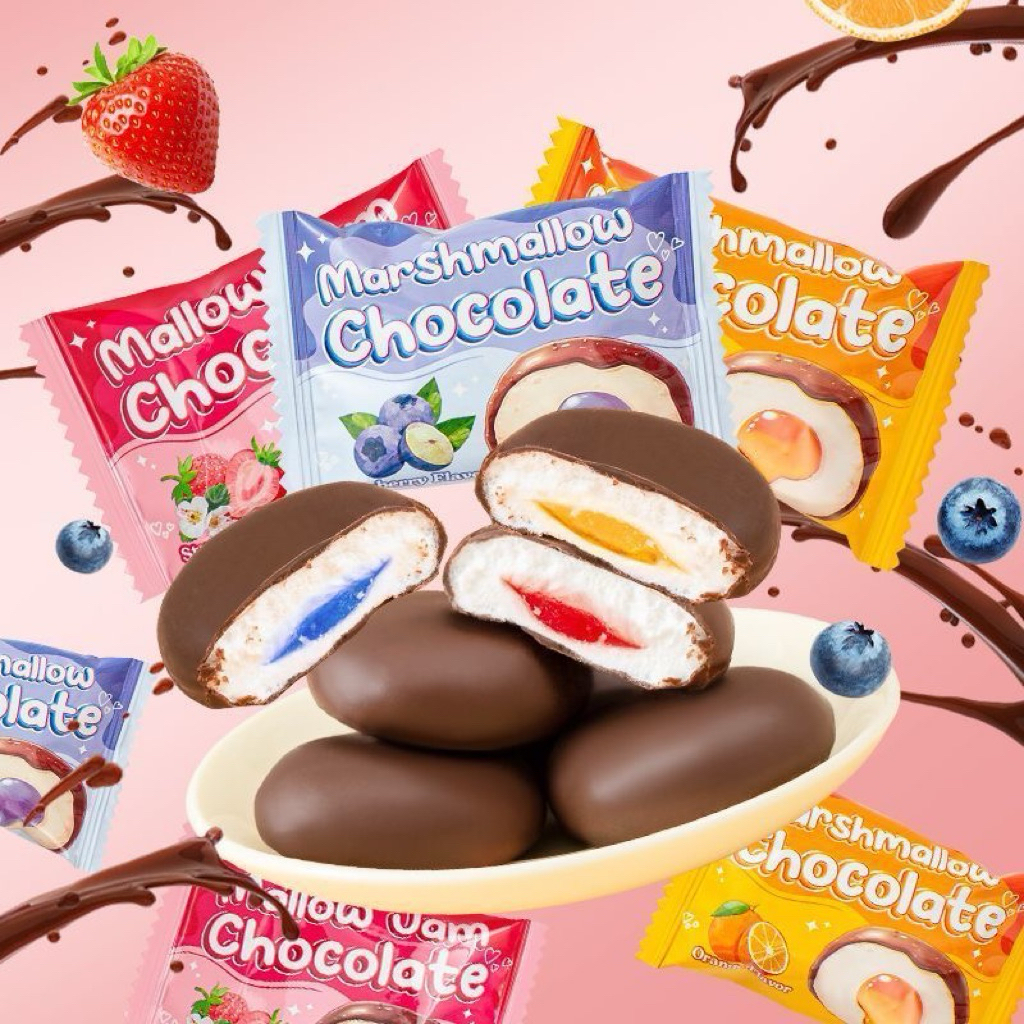 Bánh mallow phủ sô-cô-la nhân mứt tan chảy