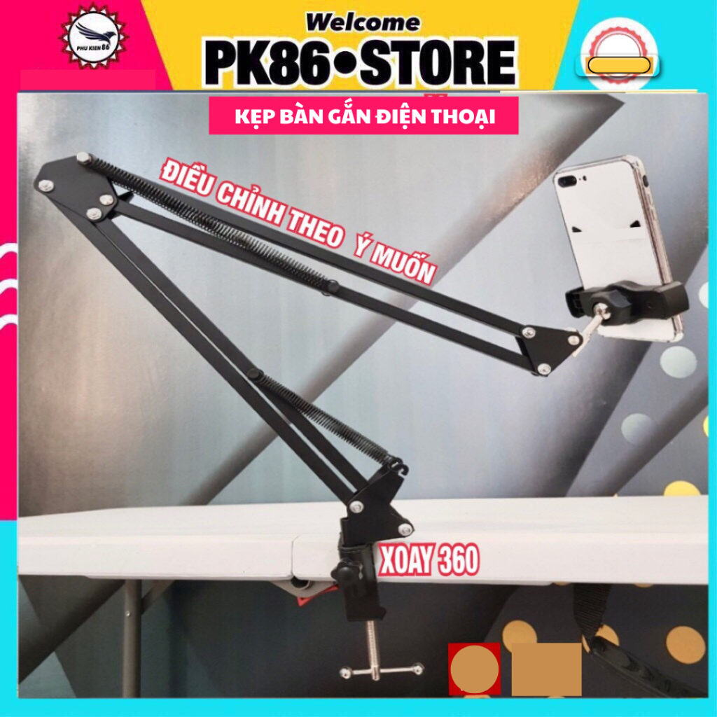 Kẹp điện thoại, giá đỡ livestream chụp ảnh quay video càng cua kim loại gắng bàn, đầu gường NB 35