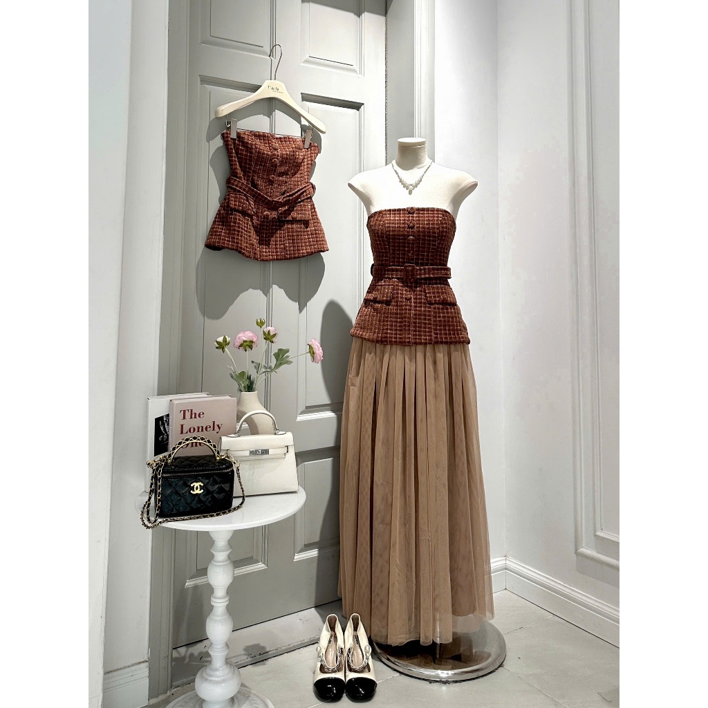Set ống dạ belt eo kèm chân váy midi sếp ly FOR HER CLOTHING