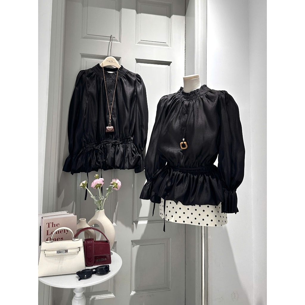 Set áo voan đen cổ cao thắt dây rút eo FOR HER CLOTHING kèm chân váy chấm bi