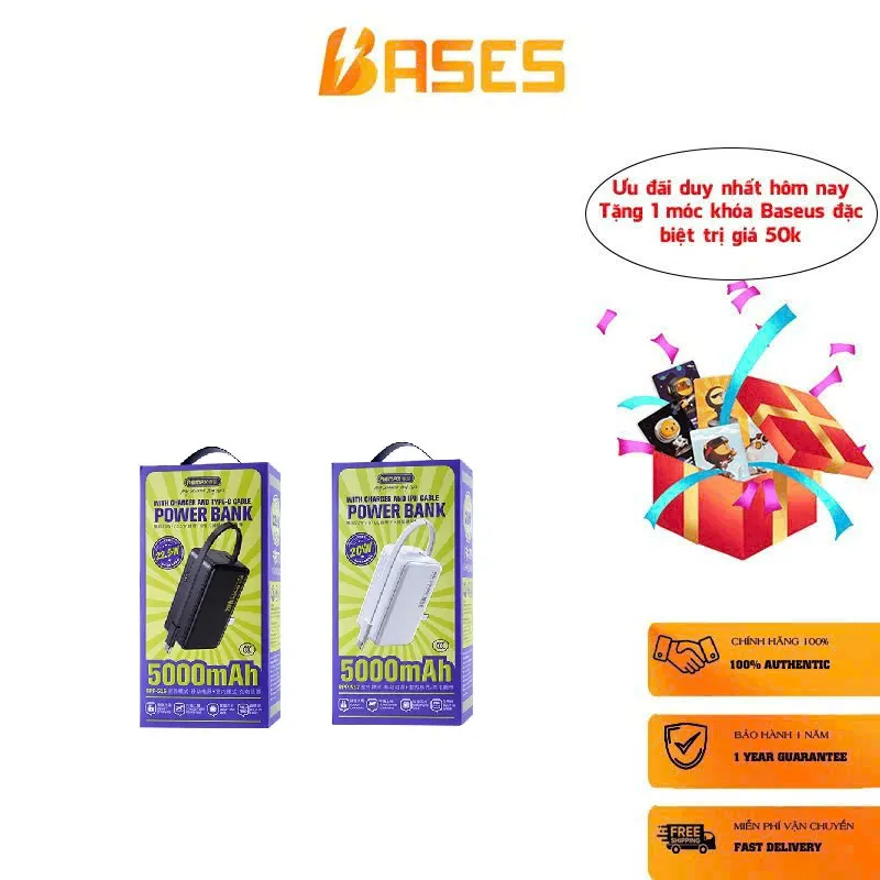 Pin dự phòng REMAX 5000mAh tích hợp củ sạc nhanh 22.5w – liền cáp, chân cắm 220v
